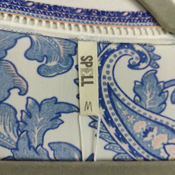 Spell & The Gypsy Etienne Wrap Top Women Medium Monaco Blue Paisley Bell Sleeves - Picture 3 of 9